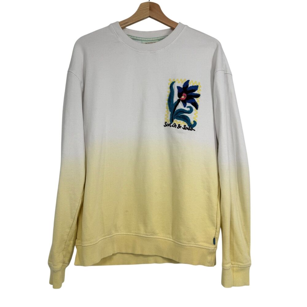 Scotch & Soda Mens Crewneck Sweatshirt M Yellow White Daffodil Embroidered